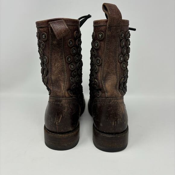 Frye Jenna Disc Dark Brown Studded Lace Up Distressed Leather Boots Size 8 B - Picture 4 of 11